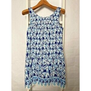 Lilly Pulitzer Elephant Dress Womens 6 Blue Print Sleeveless Back Zipper Lined